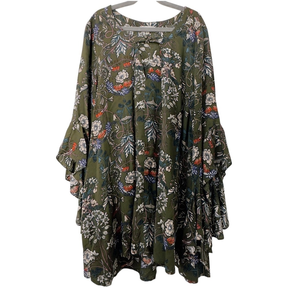JODIFL Olive Botanical Floral Tunic Top Sz M Boho Cottagecore Ruffle Bell Sleeve